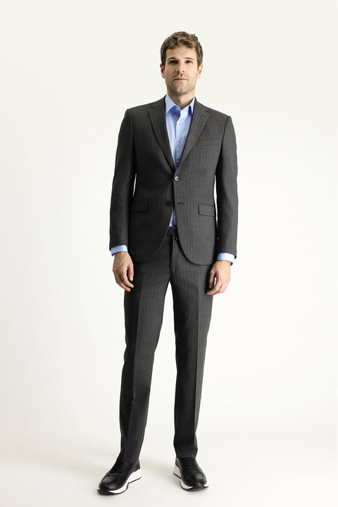 Orta Antrasit 7 Drop Slim Fit Dar Kesim Yünlü Çizgili Takım Elbise