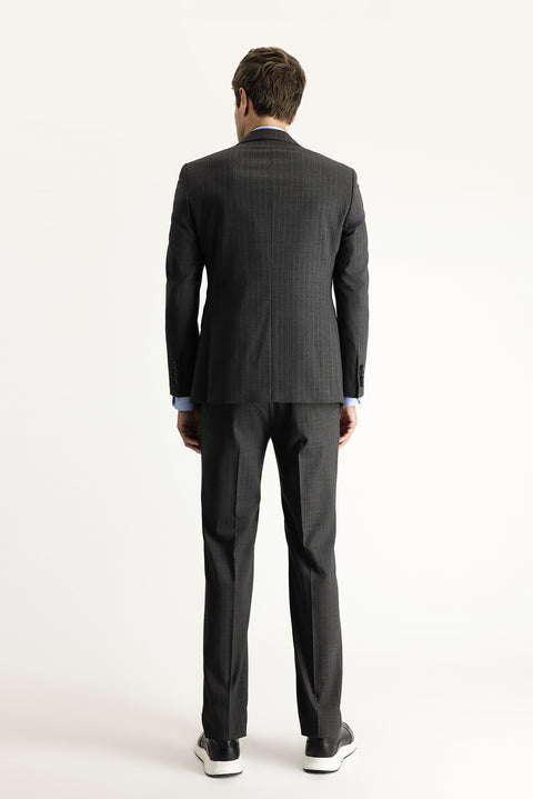 Medium Anthracite 8 Drop Muscle Fit Long Athletic Cut Wool Striped Suit