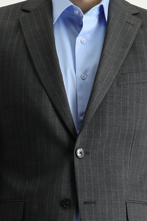 Orta Antrasit 7 Drop Slim Fit Dar Kesim Yünlü Çizgili Takım Elbise