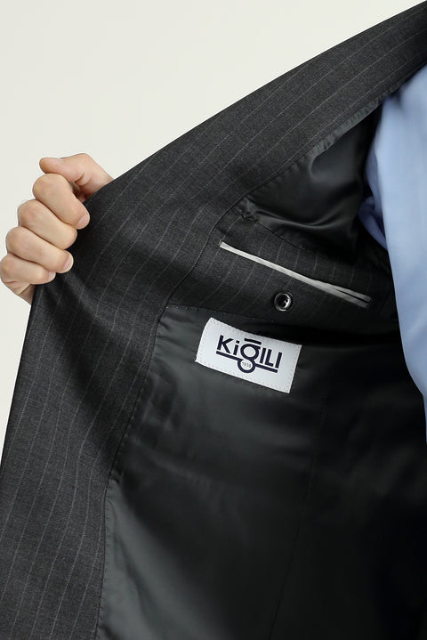Medium Anthracite 8 Drop Muscle Fit Long Athletic Cut Wool Striped Suit