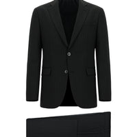 Siyah 7 Drop Slim Fit Dar Kesim Yünlü Çizgili Takım Elbise