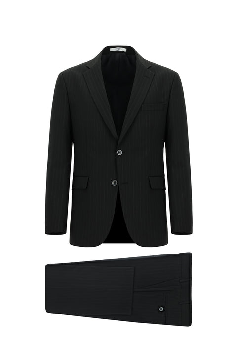 Siyah 7 Drop Slim Fit Dar Kesim Yünlü Çizgili Takım Elbise