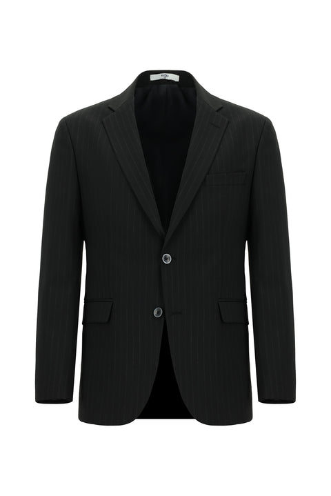 Siyah 7 Drop Slim Fit Dar Kesim Yünlü Çizgili Takım Elbise
