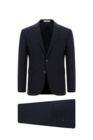  Koyu Lacivert 7 Drop Slim Fit Dar Kesim Yünlü Çizgili Takım Elbise