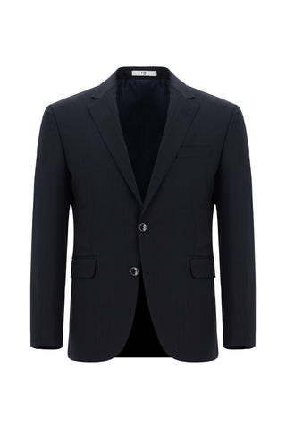  Koyu Lacivert 7 Drop Slim Fit Dar Kesim Yünlü Çizgili Takım Elbise