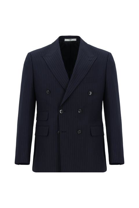 Dark Navy 7 Drop Slim Fit Striped Wool Double-Breasted Suit