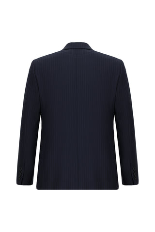  Koyu Lacivert 7 Drop Slim Fit Dar Kesim Çizgili Yünlü Kruvaze Takım Elbise