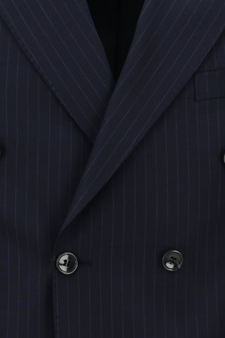  Koyu Lacivert 7 Drop Slim Fit Dar Kesim Çizgili Yünlü Kruvaze Takım Elbise