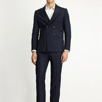 Koyu Lacivert 7 Drop Slim Fit Dar Kesim Çizgili Yünlü Beli Lastikli Kruvaze Takım Elbise