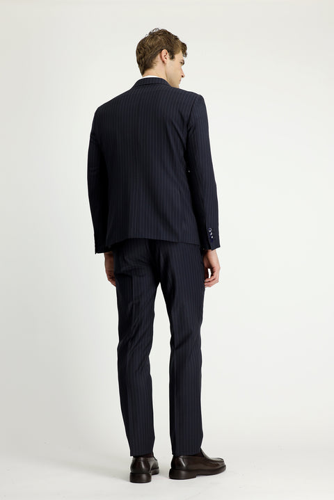Koyu Lacivert 7 Drop Slim Fit Dar Kesim Çizgili Yünlü Beli Lastikli Kruvaze Takım Elbise