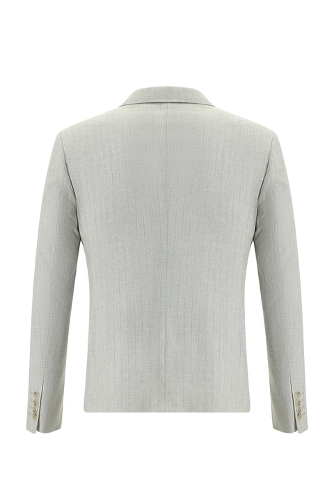Açık Gri 7 Drop Super Slim Fit Eksra Dar Kesim Kruvaze Çizgili Keten Karışımlı Takım Elbise