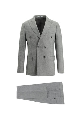  Koyu Füme 7 Drop Super Slim Fit Eksra Dar Kesim Kruvaze Çizgili Keten Karışımlı Takım Elbise