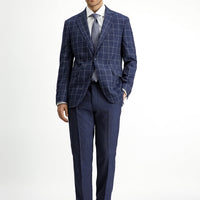 Koyu Lacivert 7 Drop Slim Fit Dar Kesim Kareli Kombinli Takım Elbise
