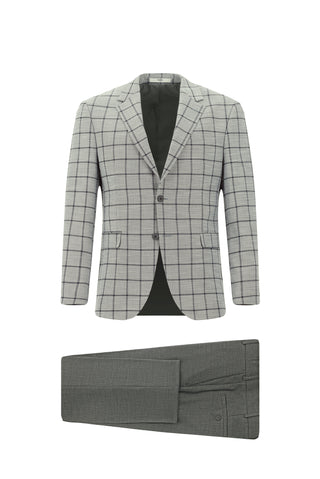  Orta Füme 7 Drop Slim Fit Dar Kesim Kareli Kombinli Takım Elbise