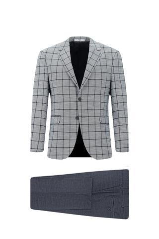  Orta Lacivert 7 Drop Slim Fit Dar Kesim Kareli Kombinli Takım Elbise