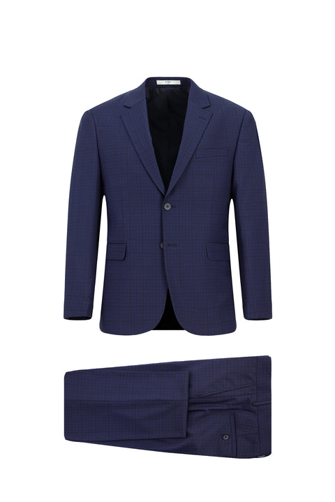 Dark Navy 4-Drop Relaxed Fit Plaid Wool Suit