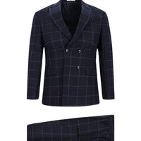 Dark Navy 7 Drop Super Slim Fit Extra Narrow Cut Plaid Wool Double-Breasted Suit