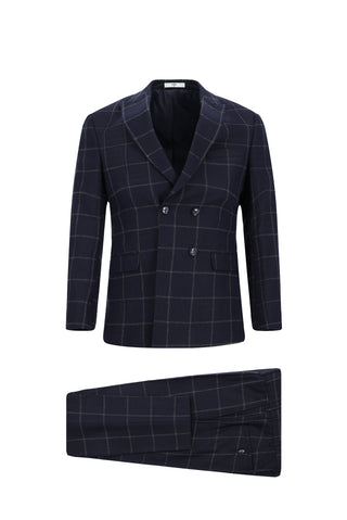  Koyu Lacivert 7 Drop Super Slim Fit Eksra Dar Kesim Kareli Yünlü Kruvaze Takım Elbise