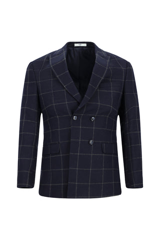  Koyu Lacivert 7 Drop Super Slim Fit Eksra Dar Kesim Kareli Yünlü Kruvaze Takım Elbise