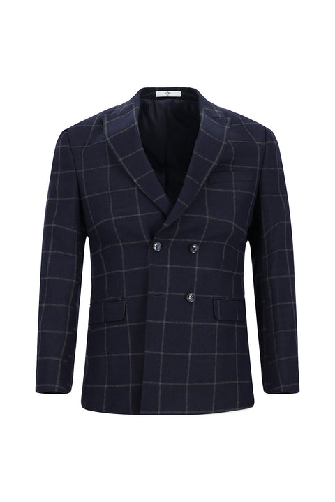 Dark Navy 7 Drop Super Slim Fit Extra Narrow Cut Plaid Wool Double-Breasted Suit