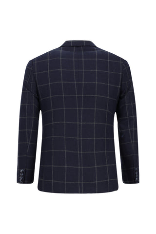  Koyu Lacivert 7 Drop Super Slim Fit Eksra Dar Kesim Kareli Yünlü Kruvaze Takım Elbise