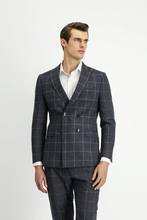 Orta Antrasit 7 Drop Super Slim Fit Eksra Dar Kesim Kareli Yünlü Kruvaze Takım Elbise