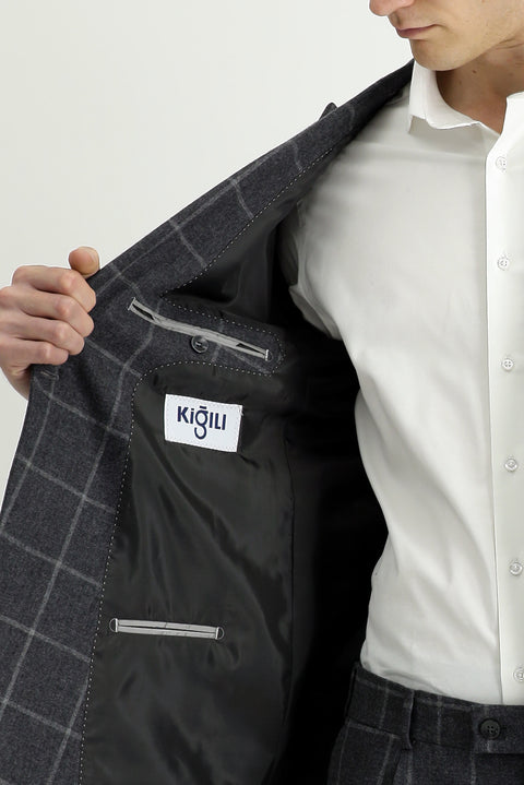 Orta Antrasit 7 Drop Super Slim Fit Eksra Dar Kesim Kareli Yünlü Kruvaze Takım Elbise