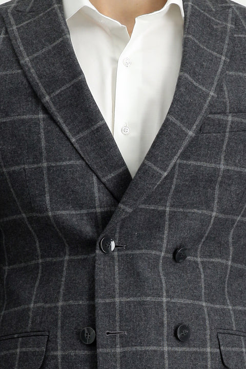 Orta Antrasit 7 Drop Super Slim Fit Eksra Dar Kesim Kareli Yünlü Kruvaze Takım Elbise
