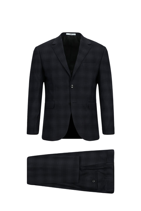 Black 6-Drop Regular Fit Standard Cut Plaid Suit