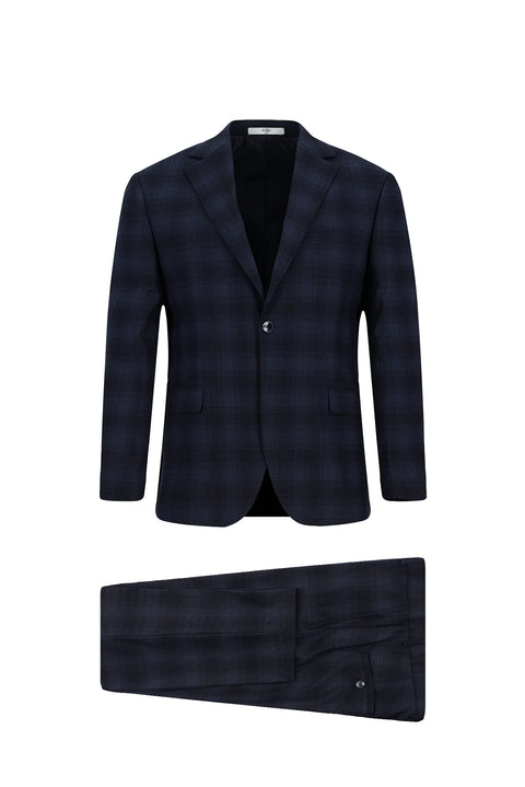 Koyu Lacivert 4 Drop Relaxed Fit Rahat Kesim Ekose Takım Elbise