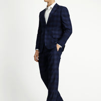 Koyu Lacivert 4 Drop Relaxed Fit Rahat Kesim Ekose Takım Elbise