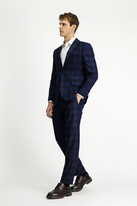 Koyu Lacivert 4 Drop Relaxed Fit Rahat Kesim Ekose Takım Elbise