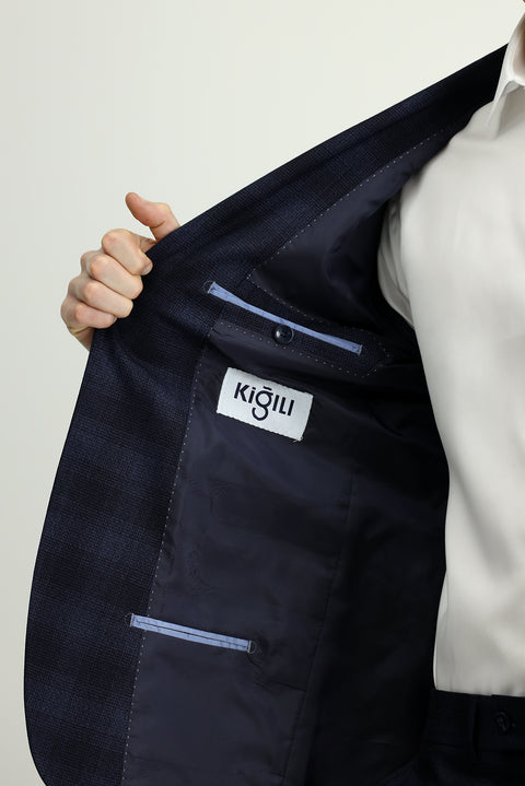 Dark Navy 7 Drop Slim Fit Plaid Suit