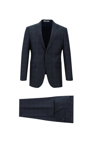  Orta Lacivert 7 Drop Slim Fit Dar Kesim Ekose Takım Elbise