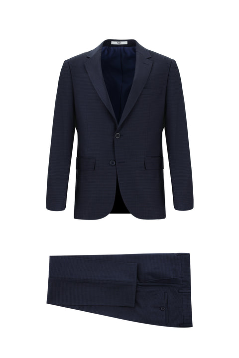 Orta Lacivert 7 Drop Slim Fit Dar Kesim Ekose Takım Elbise