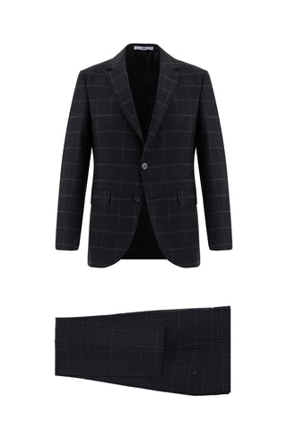  Siyah 7 Drop Slim Fit Dar Kesim Ekose Takım Elbise