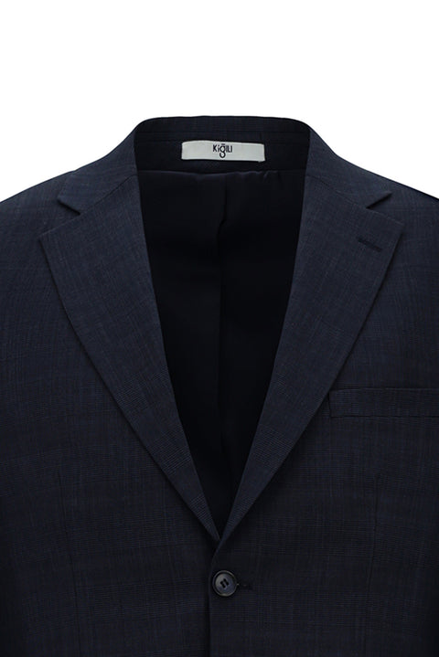 Dark Navy 4-Drop Relaxed Fit Plaid Suit with Elastic Waistband
