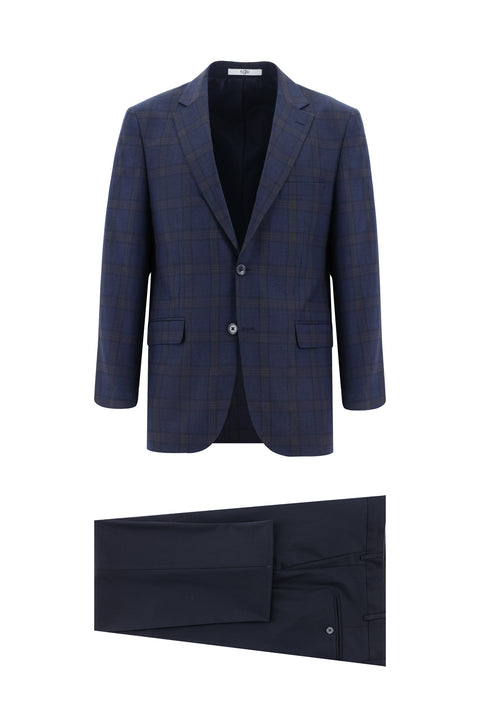 Dark Navy 4-Drop Relaxed Fit Plaid Combination Suit