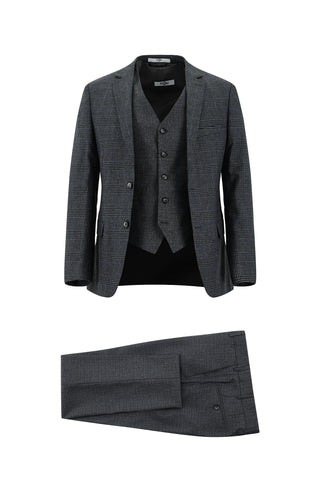  Orta Füme 7 Drop Super Slim Fit Eksra Dar Kesim Ekose Yelekli Kombinli Takım Elbise