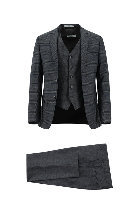 Orta Füme 7 Drop Super Slim Fit Eksra Dar Kesim Ekose Yelekli Kombinli Takım Elbise