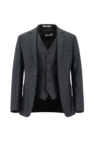  Orta Füme 7 Drop Super Slim Fit Eksra Dar Kesim Ekose Yelekli Kombinli Takım Elbise
