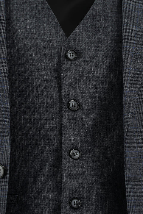 Orta Füme 7 Drop Super Slim Fit Eksra Dar Kesim Ekose Yelekli Kombinli Takım Elbise