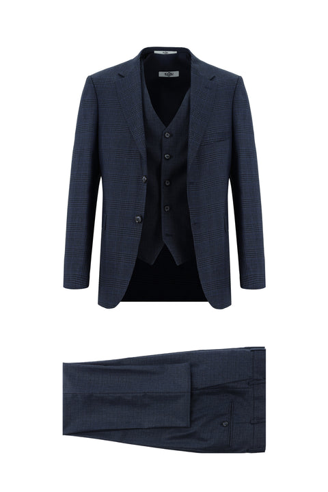 Dark Navy 6 Drop Regular Fit Standard Cut Plaid Vest Combination Suit