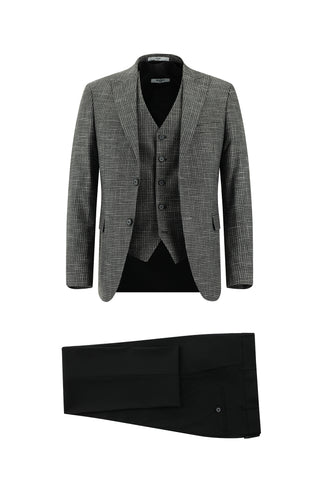  Koyu Füme 7 Drop Slim Fit Dar Kesim Ekose Yelekli Kombinli Takım Elbise
