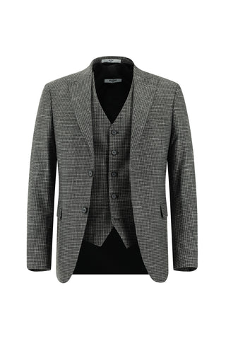  Koyu Füme 7 Drop Slim Fit Dar Kesim Ekose Yelekli Kombinli Takım Elbise