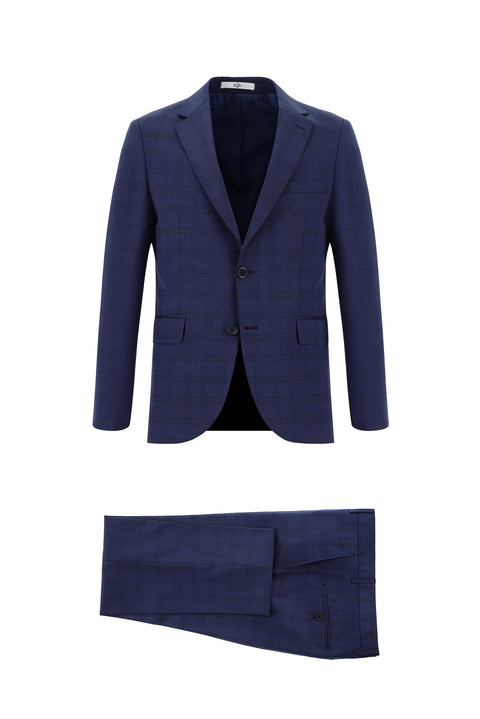 Medium Navy 7 Drop Slim Fit Narrow Cut Wool Plaid Suit