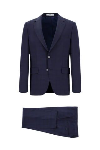  Koyu Lacivert 7 Drop Slim Fit Dar Kesim Yünlü Ekose Takım Elbise