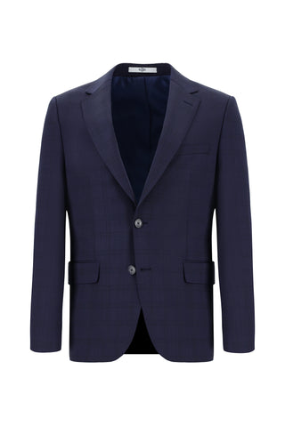  Koyu Lacivert 7 Drop Slim Fit Dar Kesim Yünlü Ekose Takım Elbise
