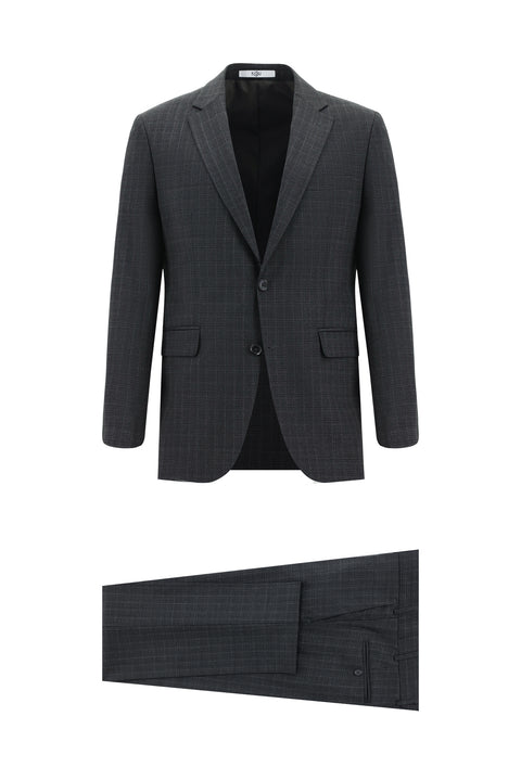 Medium Anthracite 8 Drop Muscle Fit Long Athletic Cut Wool Plaid Suit