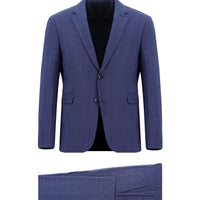 Orta Lacivert 7 Drop Slim Fit Dar Kesim Yünlü Ekose Gofre Takım Elbise